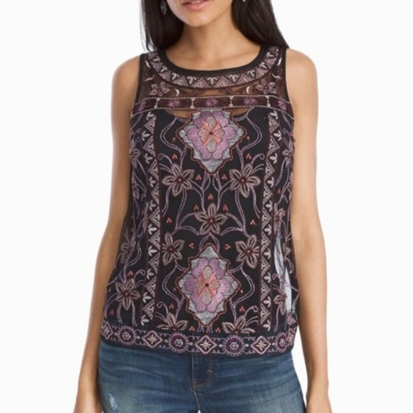White House Black Market Floral Embroidered Sheer Mesh Elegant Tank Top Blouse - Picture 2 of 16